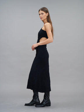 PROPRIANO - Robe longue ajustée asymétrique et ajourée en dentelle Noir Robe Fête Impériale