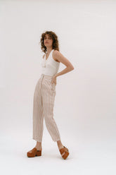 RAYMOND - Pantalon droit taille haute en lin rayé blanc et beige Pantalon Fête Impériale