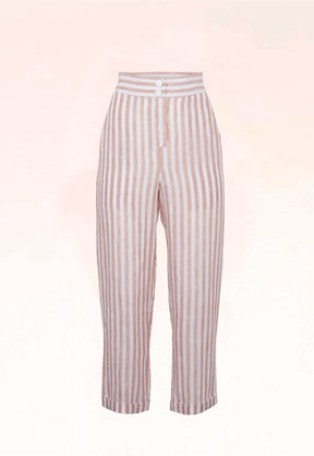 RAYMOND - Pantalon droit taille haute en lin rayé blanc et beige Pantalon Fête Impériale