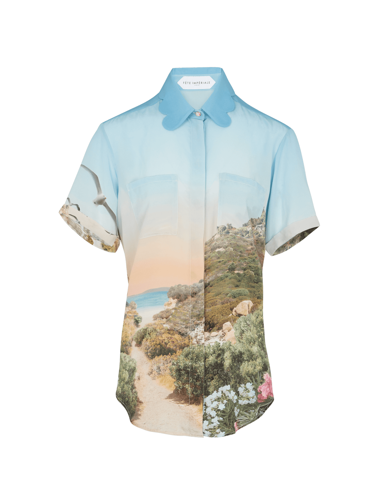 ROSERAIE - Chemise manches courtes col pétale en crêpe de soie imprimé Petit Corsica Chemise Fête Impériale