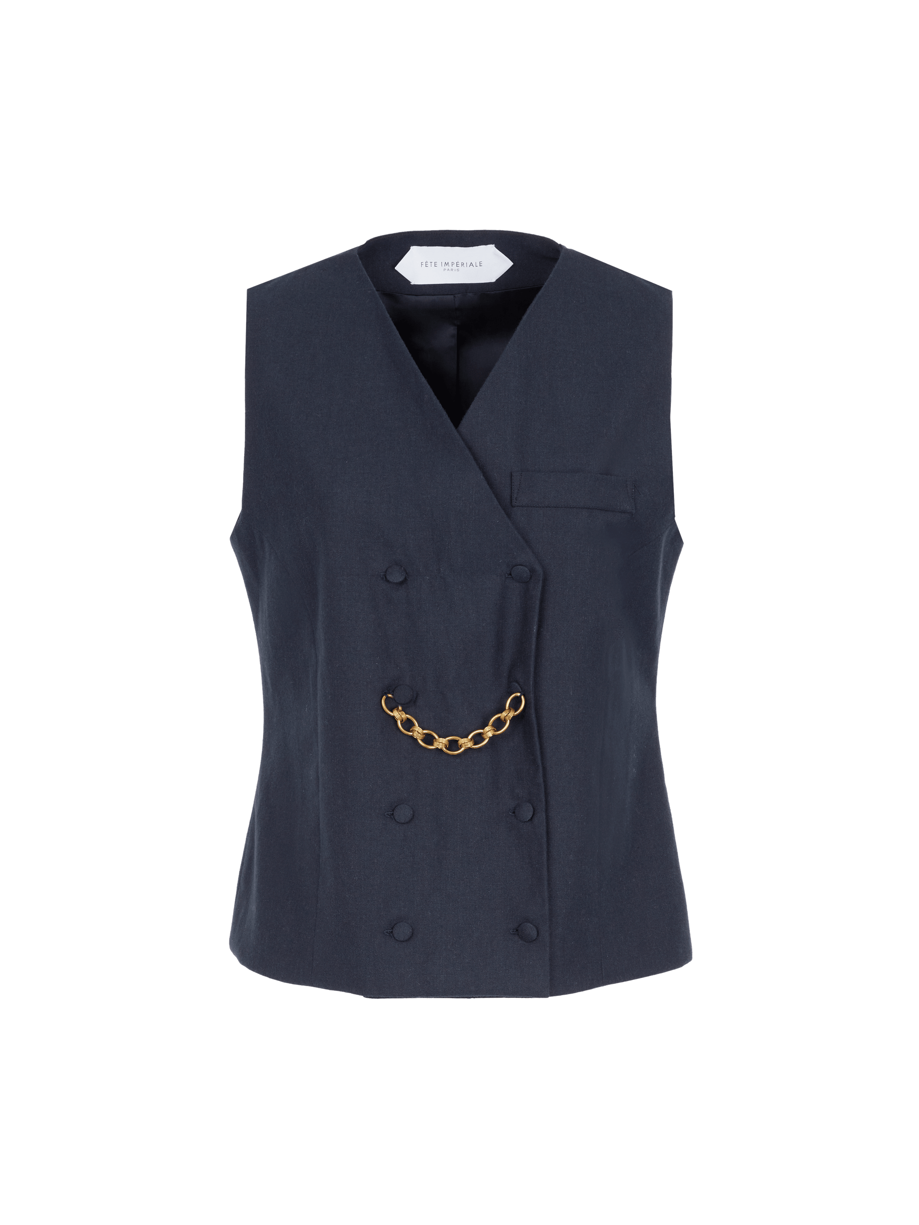 SAN LORENZO - Gilet sans manche double boutonnage avec chainette en twill laine et coton navy Gilet Fête Impériale