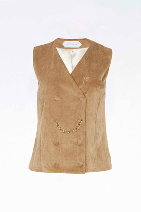 SAN LORENZO - Gilet sans manche double boutonnage avec chainette en velours côtelé beige Top Fête Impériale