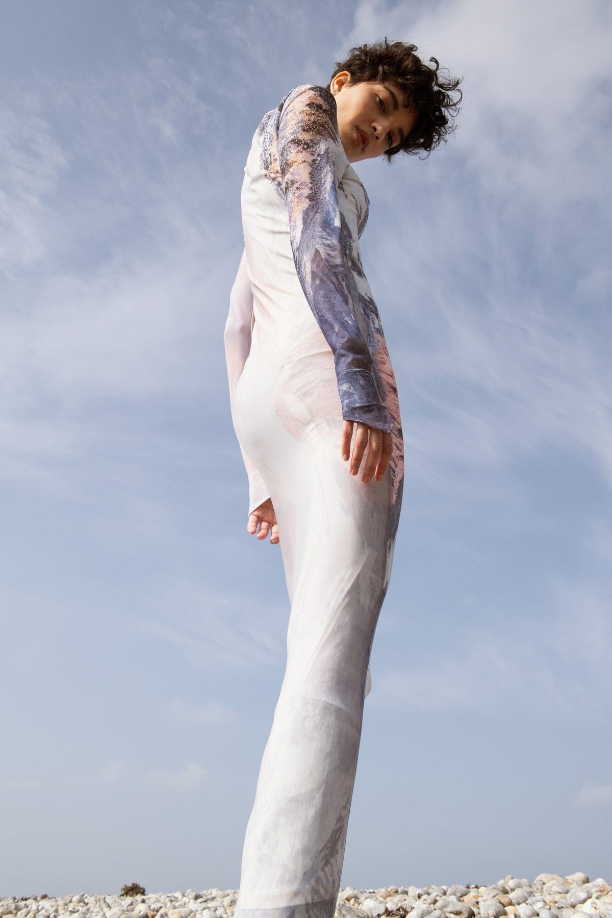 SARTENE - Robe longue ajustée manches longues en tulle stretch Oeko-Tex imprimé Reborn Robe Fête Impériale
