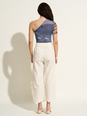 SIFNOS - Pantalon ample taille haute élastiquée bas finition pétales en coton froissé Ecru Pantalon Fête Impériale
