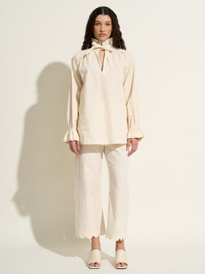 SIFNOS - Pantalon ample taille haute élastiquée bas finition pétales en coton froissé Ecru Pantalon Fête Impériale