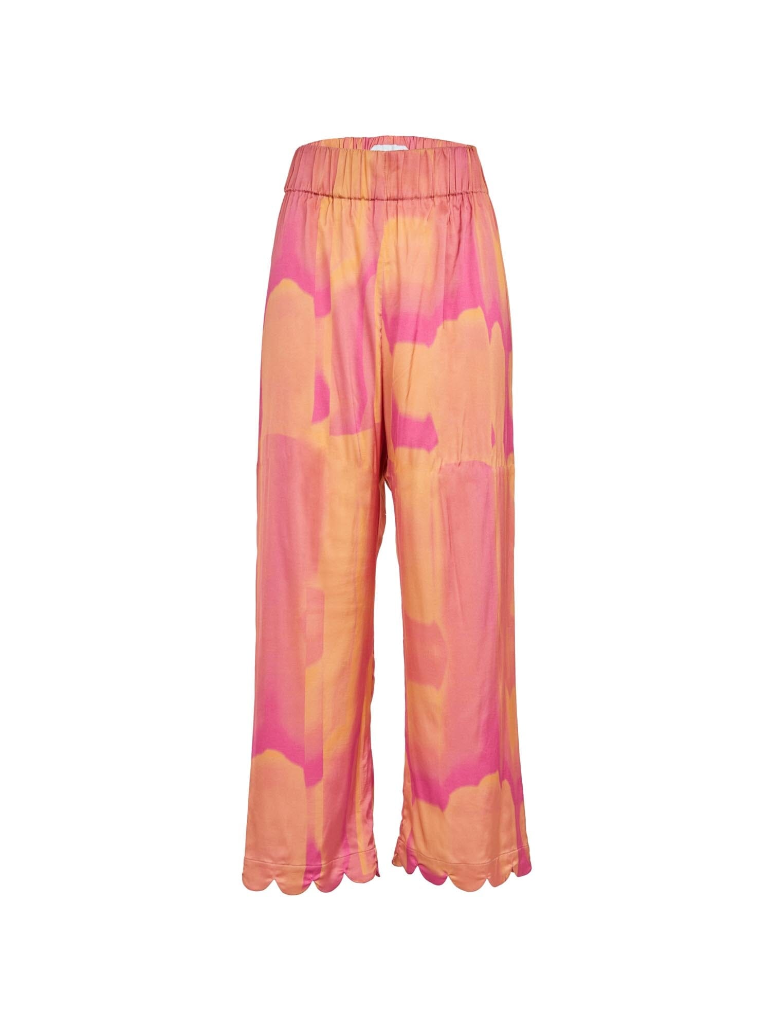 SIFNOS - Pantalon ample taille haute élastiquée bas finition pétales en satin de viscose imprimé Tie & Dye Fuchsia Pantalon Fête Impériale