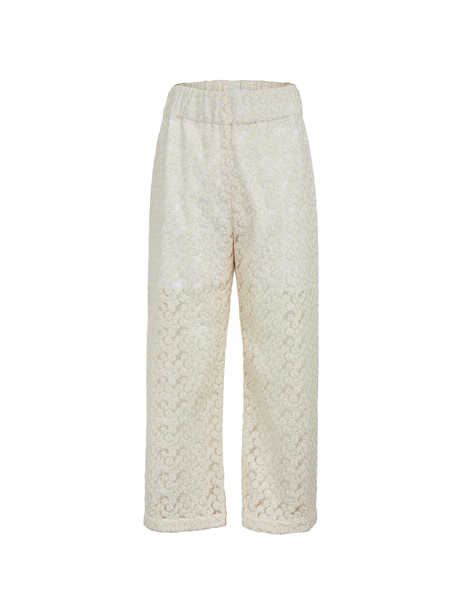 SIFNOS - Pantalon ample taille haute élastiquée en tulle brodé de marguerites Ecru Pantalon Fête Impériale