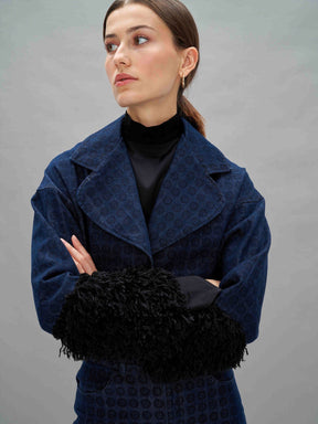 ZADIE - Veste ample courte boutonnée manches biseautées en denim bleu imprimé blason et plumes Noir Veste Fête Impériale