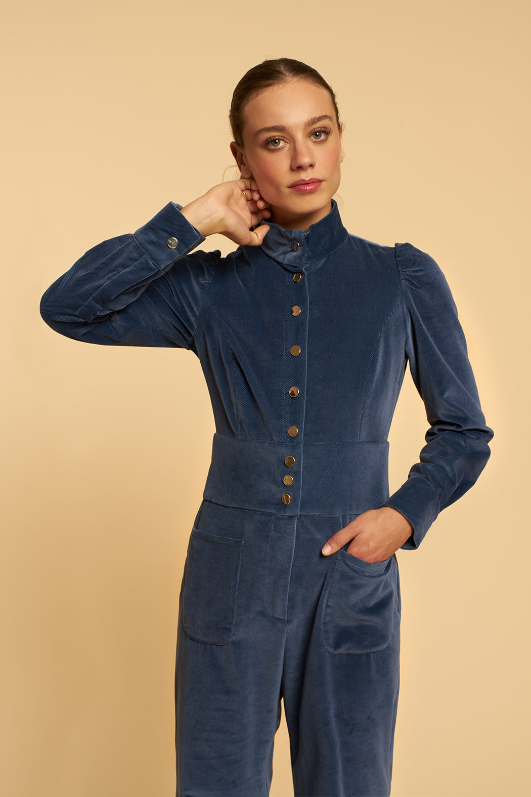 RUSS - Combinaison col chemise velours bleu marine