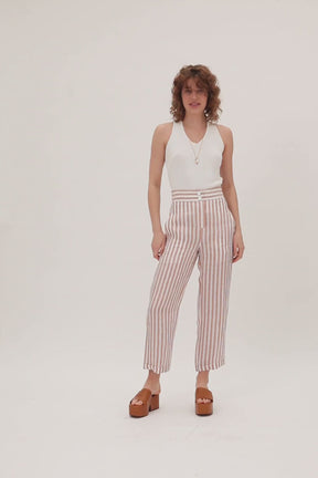 RAYMOND - Pantalon droit taille haute en lin rayé blanc et beige