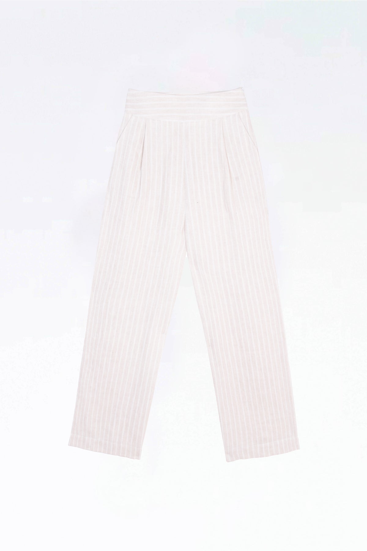 ULYSSE - Pantalon taille haute à plis en lin rayé écru